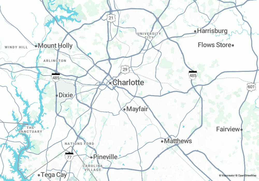 NGM Estates service area map covering the Charlotte metro area.