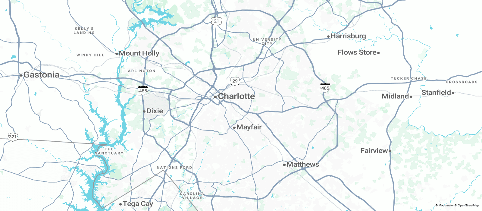 NGM Estates service area map covering the Charlotte metro area.